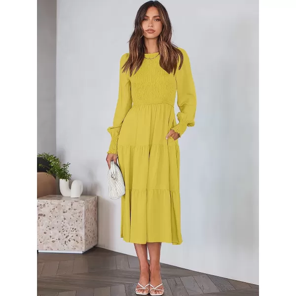 imageANRABESS Womens Casual Long Sleeve Crew Neck High Waist Smocked Flowy Tiered Midi DressYellow
