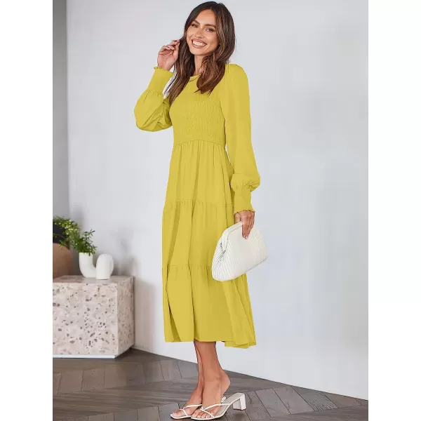 imageANRABESS Womens Casual Long Sleeve Crew Neck High Waist Smocked Flowy Tiered Midi DressYellow