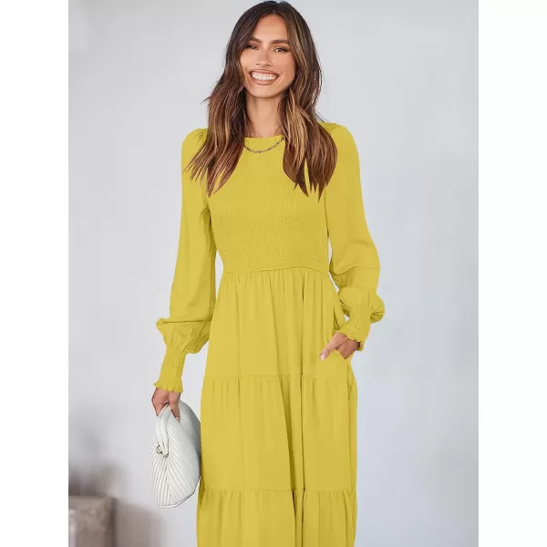 imageANRABESS Womens Casual Long Sleeve Crew Neck High Waist Smocked Flowy Tiered Midi DressYellow