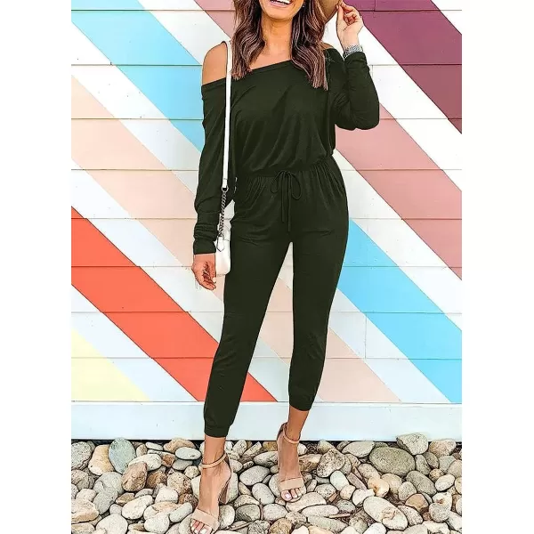 imageANRABESS Womens Casual Long Sleeve Crewneck One Off Shoulder Elastic Waist Stretchy Long Romper Jumpsuit with PocketsArmygreen