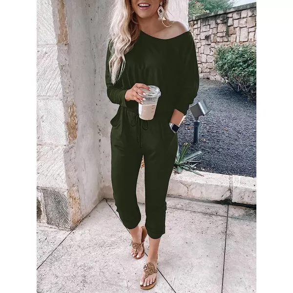 imageANRABESS Womens Casual Long Sleeve Crewneck One Off Shoulder Elastic Waist Stretchy Long Romper Jumpsuit with PocketsArmygreen