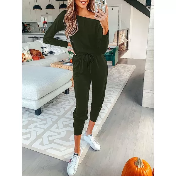 imageANRABESS Womens Casual Long Sleeve Crewneck One Off Shoulder Elastic Waist Stretchy Long Romper Jumpsuit with PocketsArmygreen