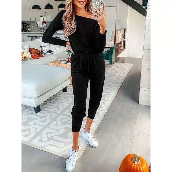 imageANRABESS Womens Casual Long Sleeve Crewneck One Off Shoulder Elastic Waist Stretchy Long Romper Jumpsuit with PocketsBlack