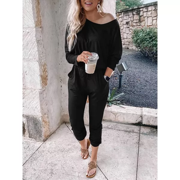 imageANRABESS Womens Casual Long Sleeve Crewneck One Off Shoulder Elastic Waist Stretchy Long Romper Jumpsuit with PocketsBlack