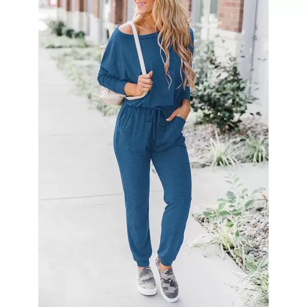 imageANRABESS Womens Casual Long Sleeve Crewneck One Off Shoulder Elastic Waist Stretchy Long Romper Jumpsuit with PocketsBlue