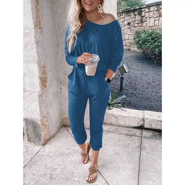 imageANRABESS Womens Casual Long Sleeve Crewneck One Off Shoulder Elastic Waist Stretchy Long Romper Jumpsuit with PocketsBlue
