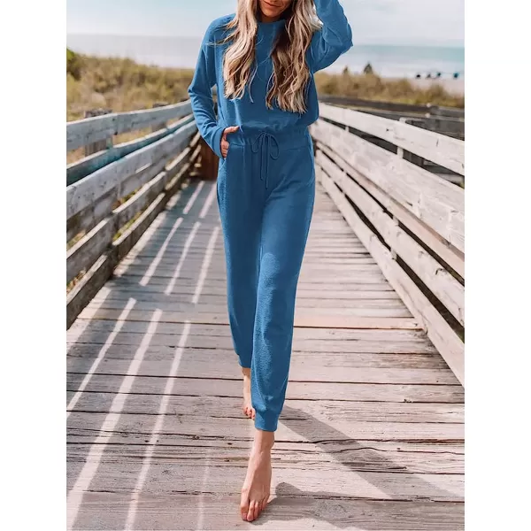 imageANRABESS Womens Casual Long Sleeve Crewneck One Off Shoulder Elastic Waist Stretchy Long Romper Jumpsuit with PocketsBlue