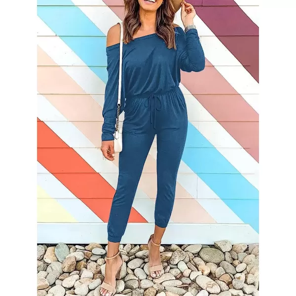 imageANRABESS Womens Casual Long Sleeve Crewneck One Off Shoulder Elastic Waist Stretchy Long Romper Jumpsuit with PocketsBlue