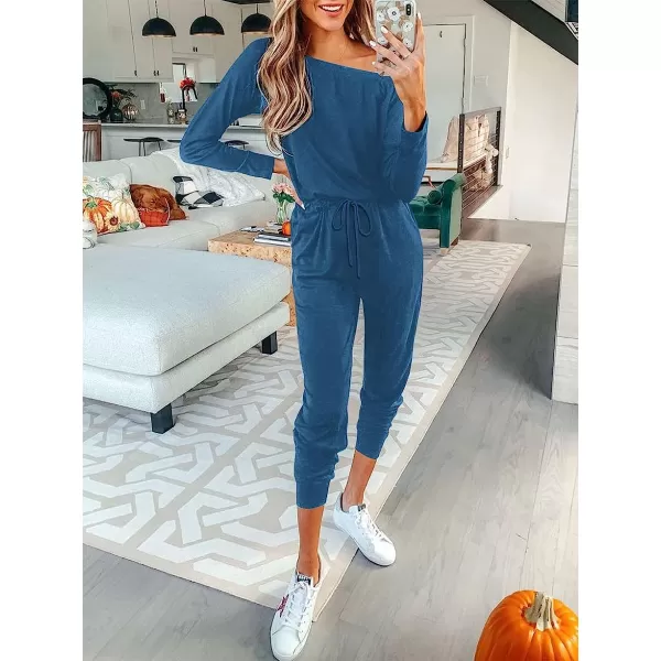 imageANRABESS Womens Casual Long Sleeve Crewneck One Off Shoulder Elastic Waist Stretchy Long Romper Jumpsuit with PocketsBlue