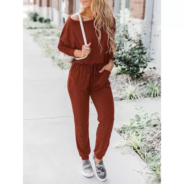 imageANRABESS Womens Casual Long Sleeve Crewneck One Off Shoulder Elastic Waist Stretchy Long Romper Jumpsuit with PocketsBrick Red