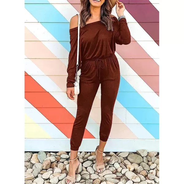 imageANRABESS Womens Casual Long Sleeve Crewneck One Off Shoulder Elastic Waist Stretchy Long Romper Jumpsuit with PocketsBrick Red