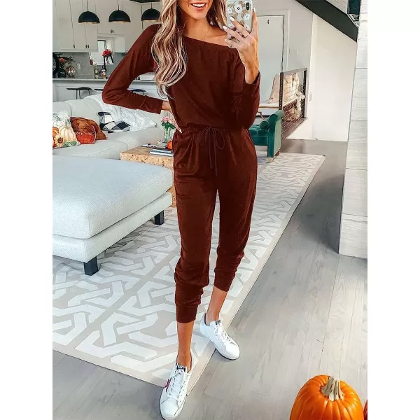 imageANRABESS Womens Casual Long Sleeve Crewneck One Off Shoulder Elastic Waist Stretchy Long Romper Jumpsuit with PocketsBrick Red
