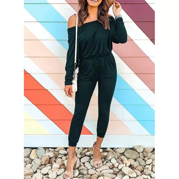 imageANRABESS Womens Casual Long Sleeve Crewneck One Off Shoulder Elastic Waist Stretchy Long Romper Jumpsuit with PocketsDeep Green