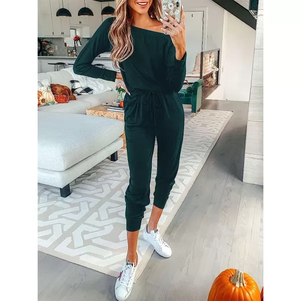 imageANRABESS Womens Casual Long Sleeve Crewneck One Off Shoulder Elastic Waist Stretchy Long Romper Jumpsuit with PocketsDeep Green