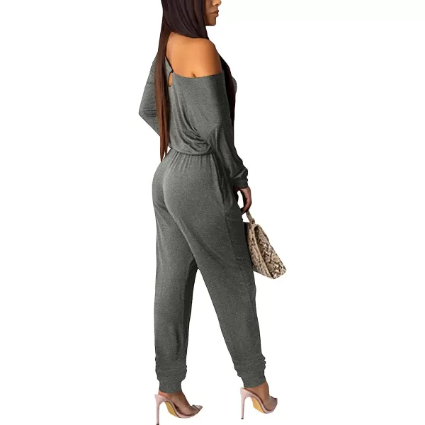 imageANRABESS Womens Casual Long Sleeve Crewneck One Off Shoulder Elastic Waist Stretchy Long Romper Jumpsuit with PocketsDeep Grey