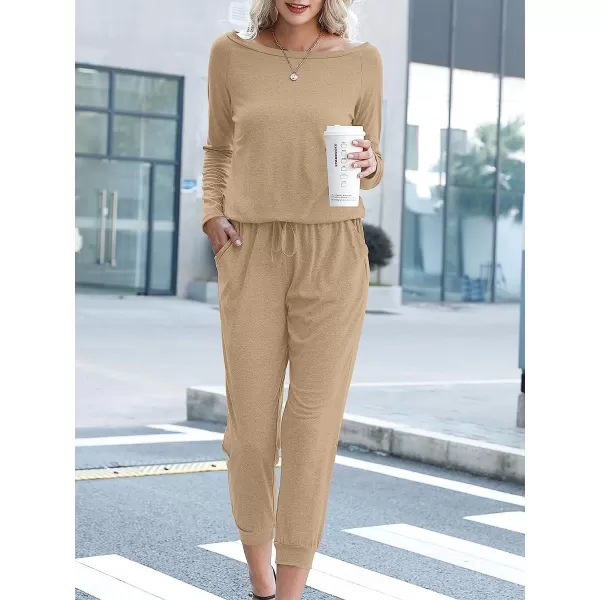 imageANRABESS Womens Casual Long Sleeve Crewneck One Off Shoulder Elastic Waist Stretchy Long Romper Jumpsuit with PocketsKhaki