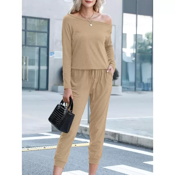 imageANRABESS Womens Casual Long Sleeve Crewneck One Off Shoulder Elastic Waist Stretchy Long Romper Jumpsuit with PocketsKhaki