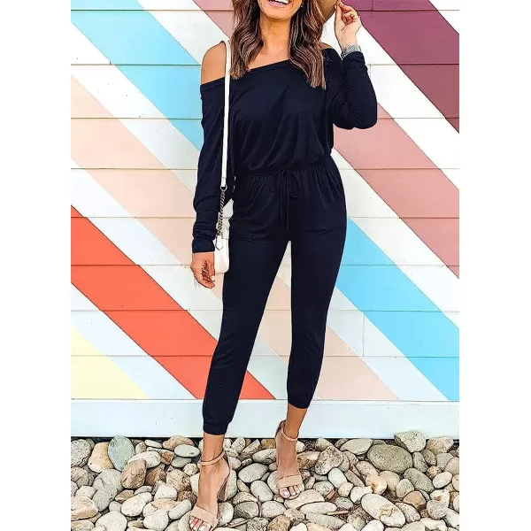 imageANRABESS Womens Casual Long Sleeve Crewneck One Off Shoulder Elastic Waist Stretchy Long Romper Jumpsuit with PocketsNavyblue