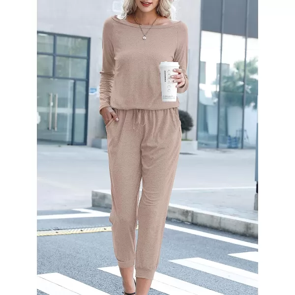 imageANRABESS Womens Casual Long Sleeve Crewneck One Off Shoulder Elastic Waist Stretchy Long Romper Jumpsuit with PocketsPink