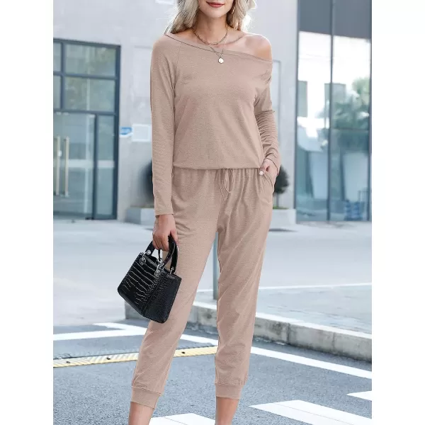 imageANRABESS Womens Casual Long Sleeve Crewneck One Off Shoulder Elastic Waist Stretchy Long Romper Jumpsuit with PocketsPink