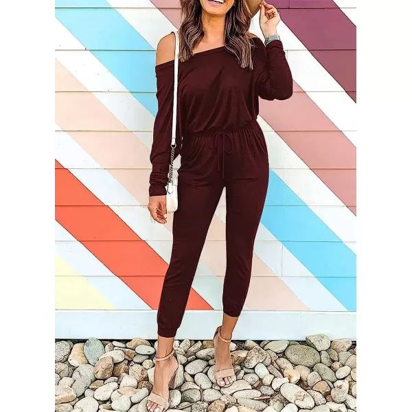 imageANRABESS Womens Casual Long Sleeve Crewneck One Off Shoulder Elastic Waist Stretchy Long Romper Jumpsuit with PocketsRed