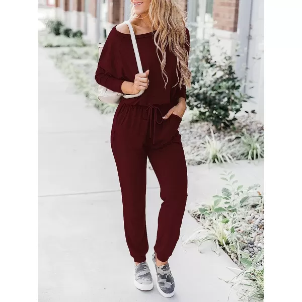 imageANRABESS Womens Casual Long Sleeve Crewneck One Off Shoulder Elastic Waist Stretchy Long Romper Jumpsuit with PocketsRed