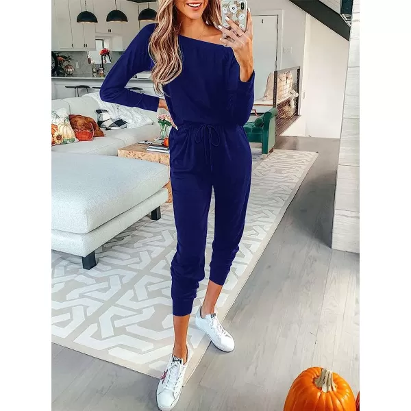 imageANRABESS Womens Casual Long Sleeve Crewneck One Off Shoulder Elastic Waist Stretchy Long Romper Jumpsuit with PocketsRoyal Blue