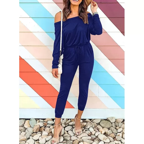 imageANRABESS Womens Casual Long Sleeve Crewneck One Off Shoulder Elastic Waist Stretchy Long Romper Jumpsuit with PocketsRoyal Blue