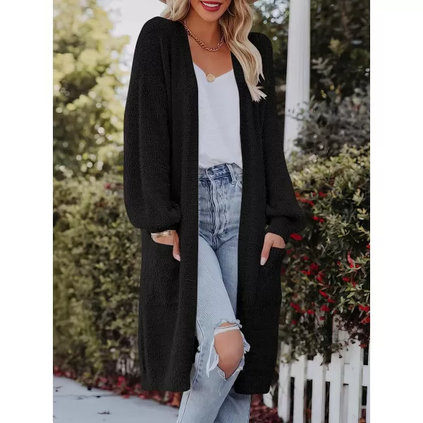 imageANRABESS Womens Casual Long Sleeve Open Front Fuzzy Knit Cardigans Plush Sweater Coat with PocketsBlack