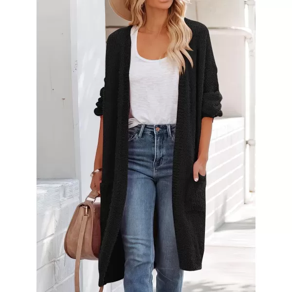 imageANRABESS Womens Casual Long Sleeve Open Front Fuzzy Knit Cardigans Plush Sweater Coat with PocketsBlack