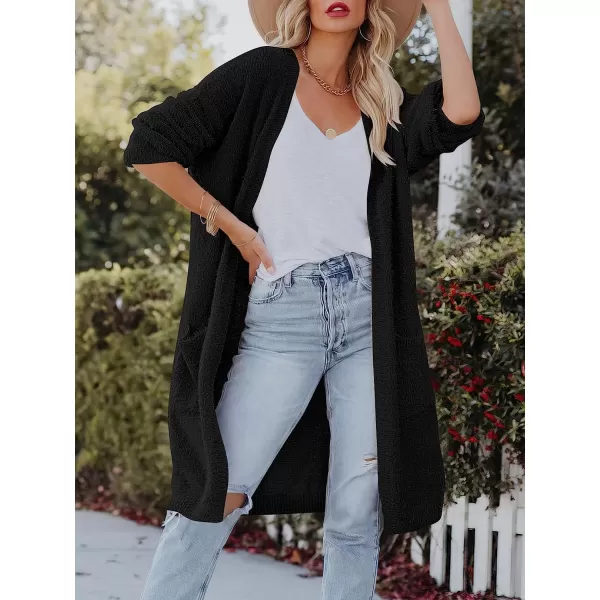 imageANRABESS Womens Casual Long Sleeve Open Front Fuzzy Knit Cardigans Plush Sweater Coat with PocketsBlack
