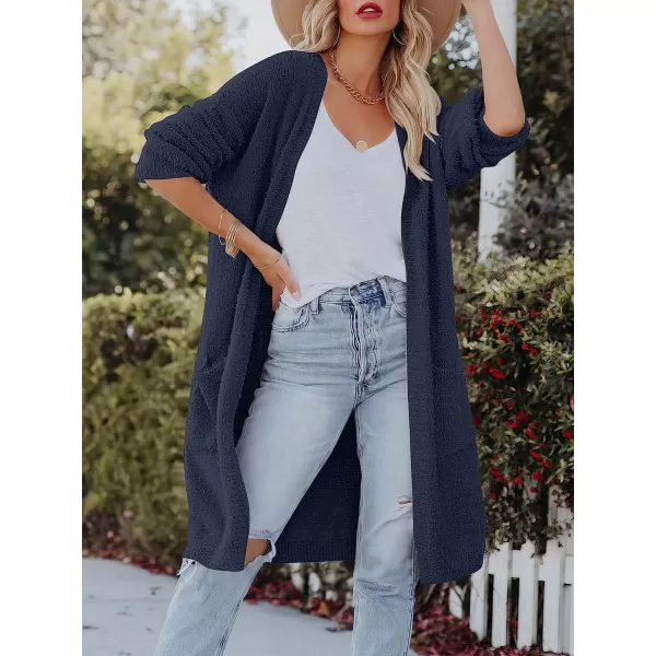 imageANRABESS Womens Casual Long Sleeve Open Front Fuzzy Knit Cardigans Plush Sweater Coat with PocketsNavy Blue