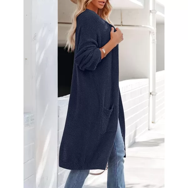 imageANRABESS Womens Casual Long Sleeve Open Front Fuzzy Knit Cardigans Plush Sweater Coat with PocketsNavy Blue