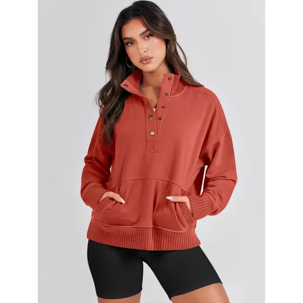 imageANRABESS Womens Casual Long Sleeve Sweatshirt Button Up V Neck Loose Henley Pullover Tops with PocketsBrick Red