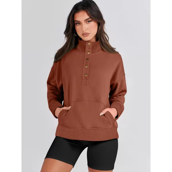imageANRABESS Womens Casual Long Sleeve Sweatshirt Button Up V Neck Loose Henley Pullover Tops with PocketsCaramel