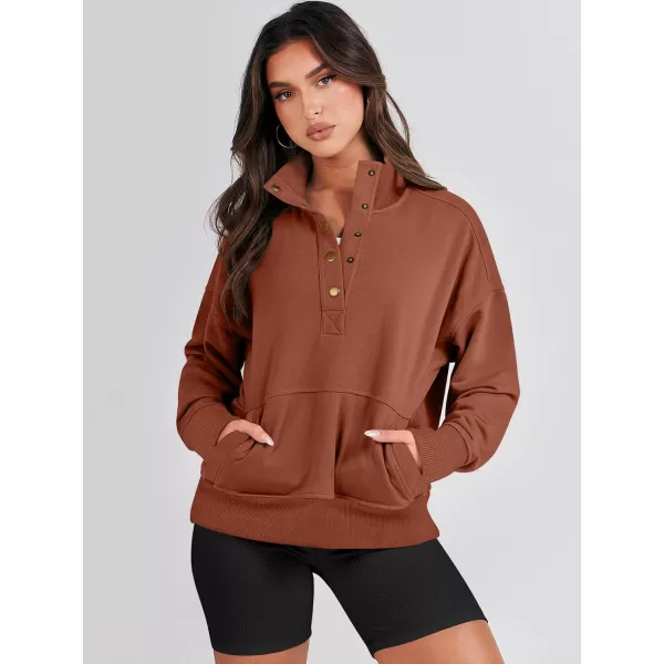 imageANRABESS Womens Casual Long Sleeve Sweatshirt Button Up V Neck Loose Henley Pullover Tops with PocketsCaramel