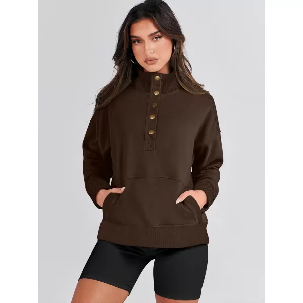 imageANRABESS Womens Casual Long Sleeve Sweatshirt Button Up V Neck Loose Henley Pullover Tops with PocketsCoffee