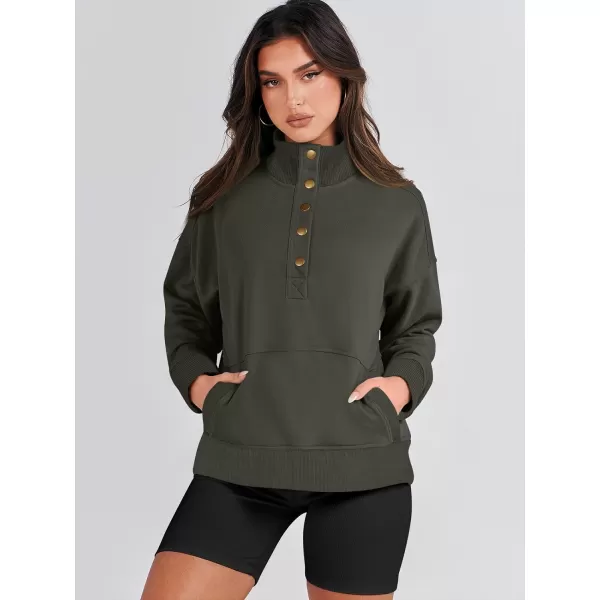 imageANRABESS Womens Casual Long Sleeve Sweatshirt Button Up V Neck Loose Henley Pullover Tops with PocketsDeep Army Green