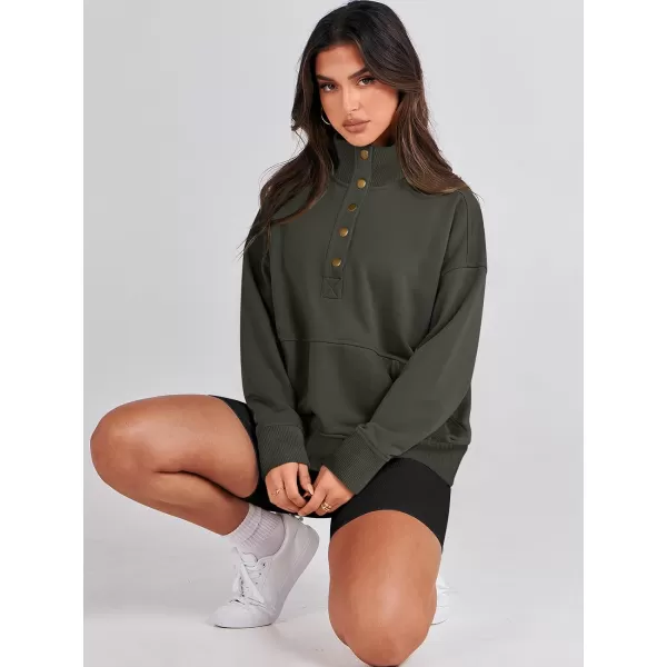 imageANRABESS Womens Casual Long Sleeve Sweatshirt Button Up V Neck Loose Henley Pullover Tops with PocketsDeep Army Green