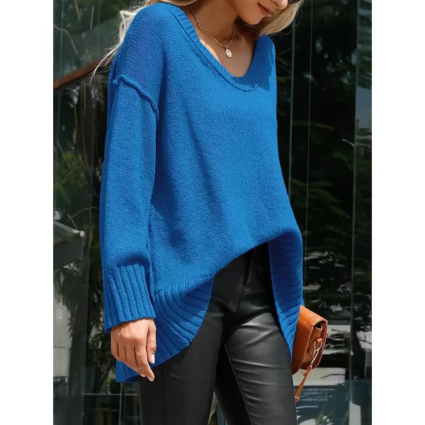 imageANRABESS Womens Casual Long Sleeve V Neck Off Shoulder Loose Baggy Comfy Knit Pullover Sweaters TunicAzure