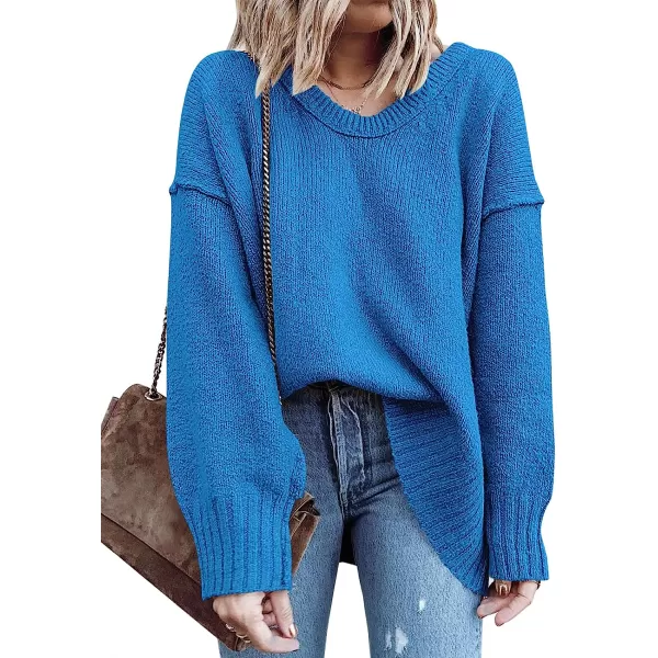 imageANRABESS Womens Casual Long Sleeve V Neck Off Shoulder Loose Baggy Comfy Knit Pullover Sweaters TunicAzure