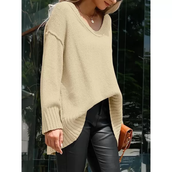 imageANRABESS Womens Casual Long Sleeve V Neck Off Shoulder Loose Baggy Comfy Knit Pullover Sweaters TunicBeige