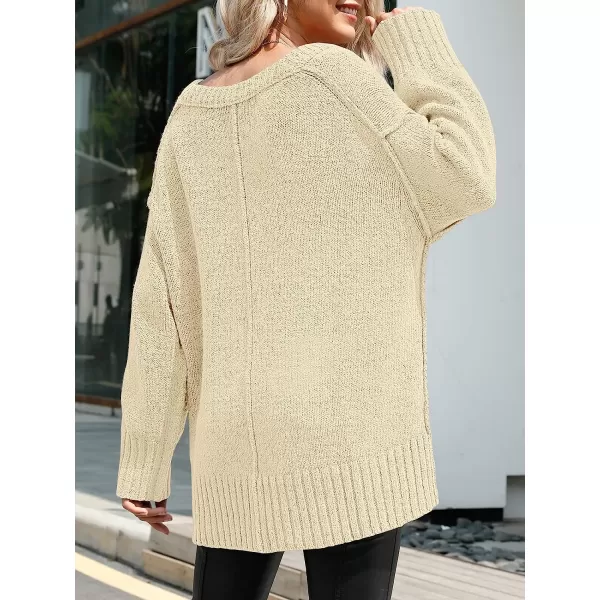 imageANRABESS Womens Casual Long Sleeve V Neck Off Shoulder Loose Baggy Comfy Knit Pullover Sweaters TunicBeige