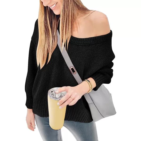 imageANRABESS Womens Casual Long Sleeve V Neck Off Shoulder Loose Baggy Comfy Knit Pullover Sweaters TunicBlack