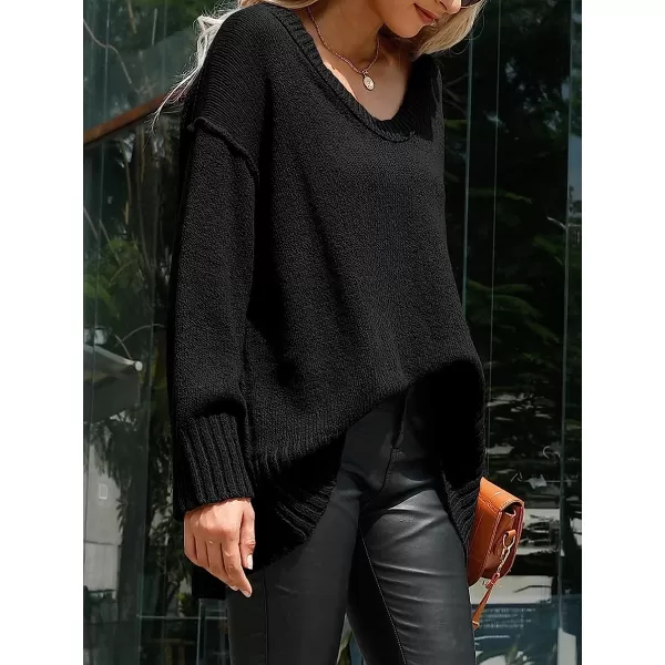 imageANRABESS Womens Casual Long Sleeve V Neck Off Shoulder Loose Baggy Comfy Knit Pullover Sweaters TunicBlack