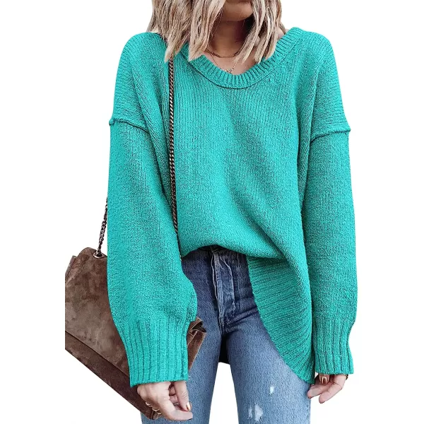 imageANRABESS Womens Casual Long Sleeve V Neck Off Shoulder Loose Baggy Comfy Knit Pullover Sweaters TunicBlue Green