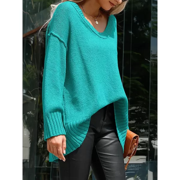 imageANRABESS Womens Casual Long Sleeve V Neck Off Shoulder Loose Baggy Comfy Knit Pullover Sweaters TunicBlue Green
