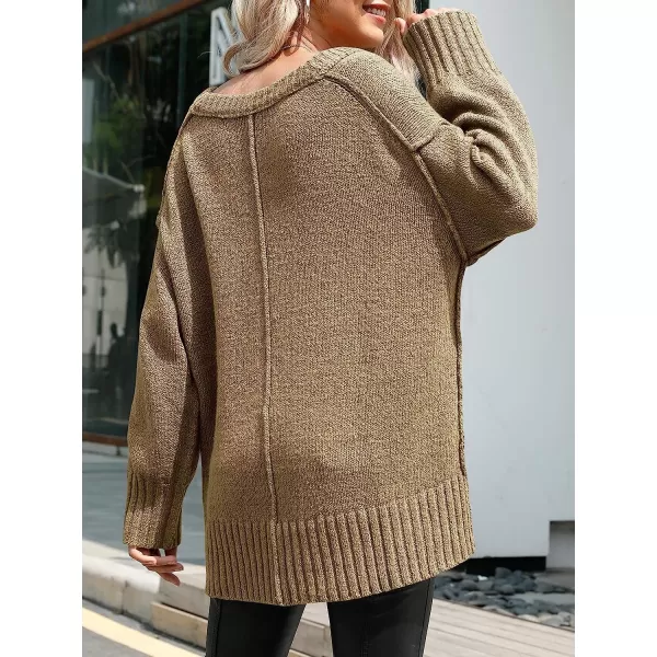 imageANRABESS Womens Casual Long Sleeve V Neck Off Shoulder Loose Baggy Comfy Knit Pullover Sweaters TunicBrown