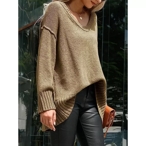 imageANRABESS Womens Casual Long Sleeve V Neck Off Shoulder Loose Baggy Comfy Knit Pullover Sweaters TunicBrown