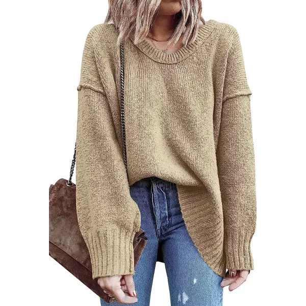 imageANRABESS Womens Casual Long Sleeve V Neck Off Shoulder Loose Baggy Comfy Knit Pullover Sweaters TunicBrown